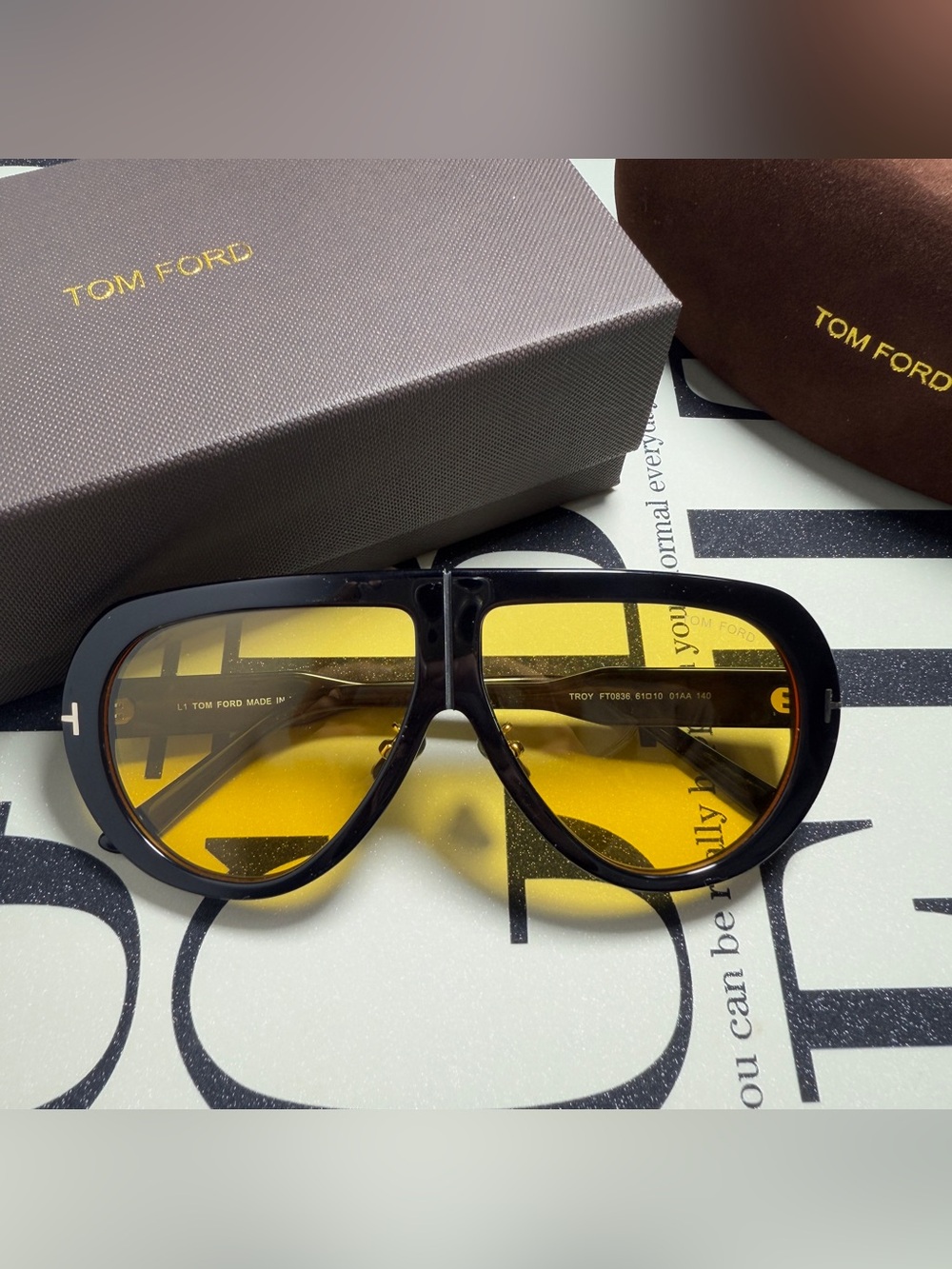 Tom Ford Men’s Black Frame Sunglasses with Yellow Lenses - Aviator Style